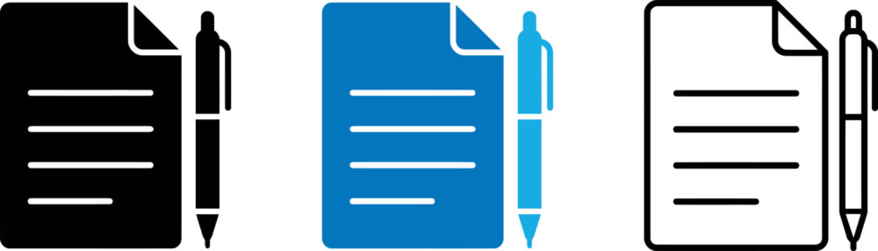 Document and pen icons black blue and outline versions for business use