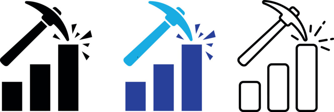 Data mining icon set black blue and outline versions for business analytics