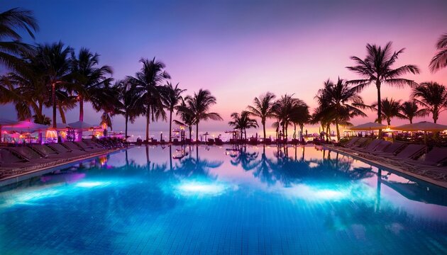 blurred tropical resort pool party with blue water foreground neon reflections palm trees evening summer lifestyle background