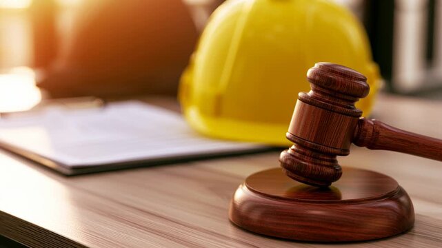 Gavel and hard hats representing legal aspects of construction, engineering, and labor rights 