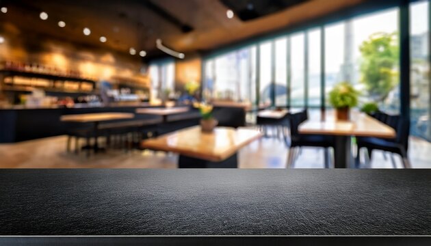 empty black slate countertop with blurred modern cafe interior background