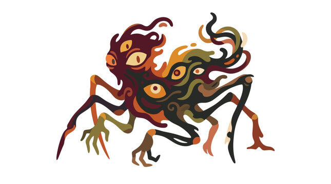 Surreal multi-eyed creature with spindly limbs and dark flowing abstract forms.