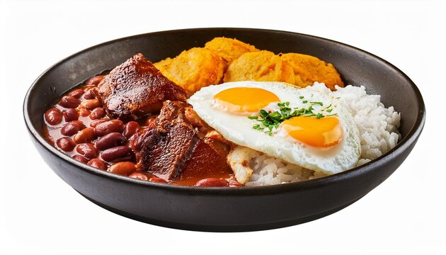 colombian bandeja paisa with beans rice egg and meat isolated on a white background