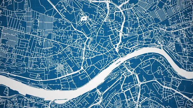 Ink reveal animation of Newcastle upon Tyne city, Tyne and Wear, England, United Kingdom, grid map. Aerial top view. Blueprint style. White lines with blue background. 4K Seamless loop.