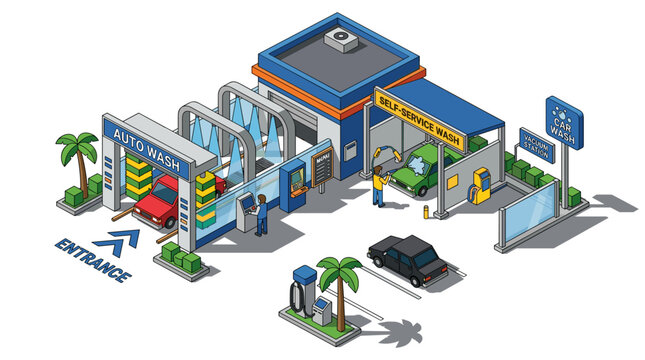 Isometric Car Wash Facility with Automatic and Self Service Bays