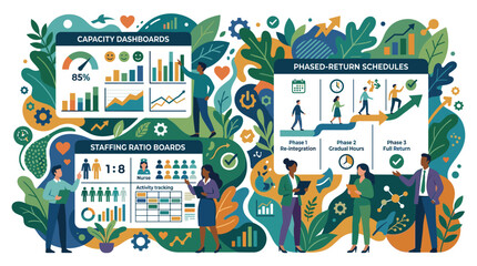 Naklejka premium Strategic Business Management and Staffing Dashboard Illustration