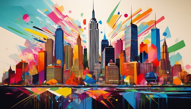 vibrant pop art collage of new york city s skyline with colorful geometric patterns and splashes