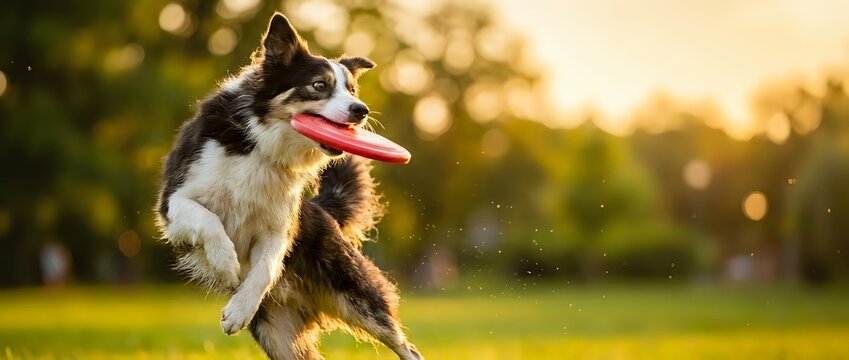 Happy brown and white dog with pink tongue playing fetch in sunny park with green grass and blurred trees, outdoor pet recreation and summer activity.