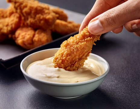 hand dipping crispy fried chicken tender into creamy dipping sauce