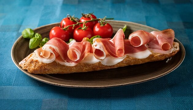italian prosciutto sandwich on a rustic elegant dinner plate crusty golden baguette sliced lengthwise filled with thinly folded prosciutto fresh mozzarella slices ripe red tomato slices
