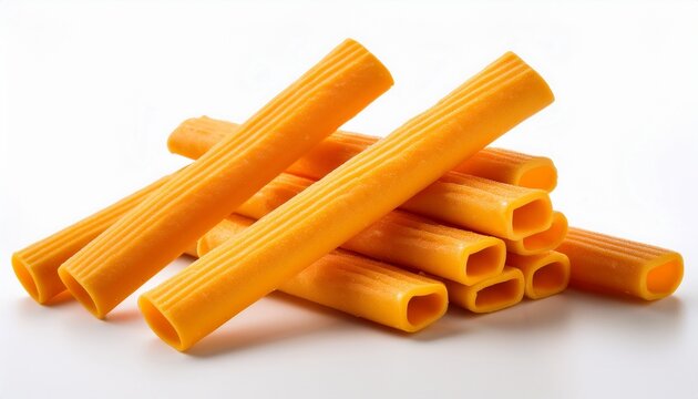 a stack of cheddar cheese sticks isolated on a white background in a close up product shot view