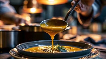 Obraz premium Chef ladling orange pumpkin soup into a bowl in a restaurant kitchen. Concept of pumpkin culinary use.