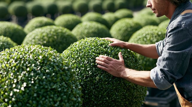 Customer examining ball topiaries for purchase at a garden nursery. Concept of topiary retail.