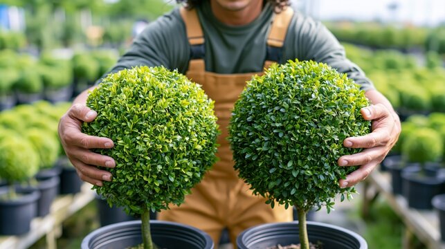 Customer examining ball topiaries for purchase at a garden nursery. Concept of topiary retail.