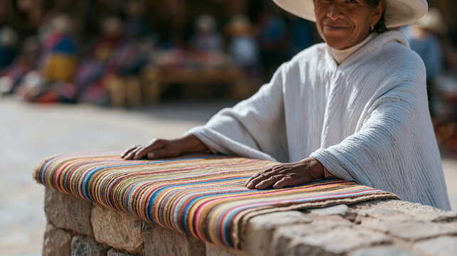 Peruvian textile merchant unfolding a hand-loomed alpaca shawl across a stone market wall, detailed weave pattern sharp in the foreground, highland plaza with afternoon vendors