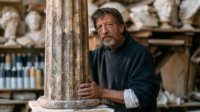Theater prop builder in a backstage workshop hand-painting a foam replica column with distressing techniques, shelves behind him crowded with plaster busts, period furniture