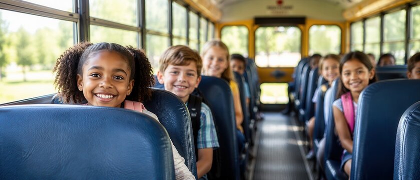 diverse elementary school children smiling with backpacks in front of yellow school bus on sunny morning