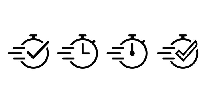 Set of fast time icons, stopwatch with check mark and clock symbols, quick delivery or deadline concept, vector illustration