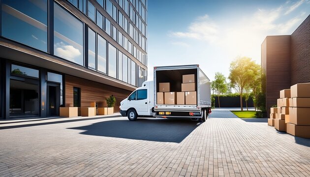 truck delivery and moving box delivery truck unloading boxes outside a modern building