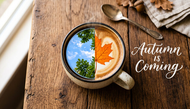 Coffee cup shows reflection of summer and autumn with words on a wooden table
