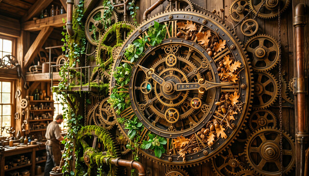 Steampunk clock mechanism shows summer moss changing to autumn leaves in a workshop