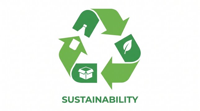 Green Recycling Symbol with Sustainability Text and Environmental Icons