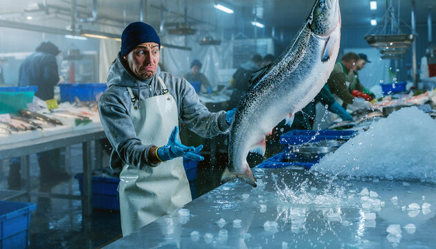 Fishmonger drops large silver salmon at wet fish market in Iceland