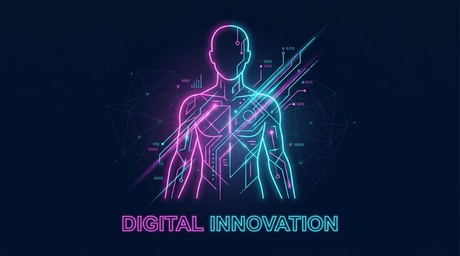 Futuristic neon human silhouette with circuit patterns and AI technology