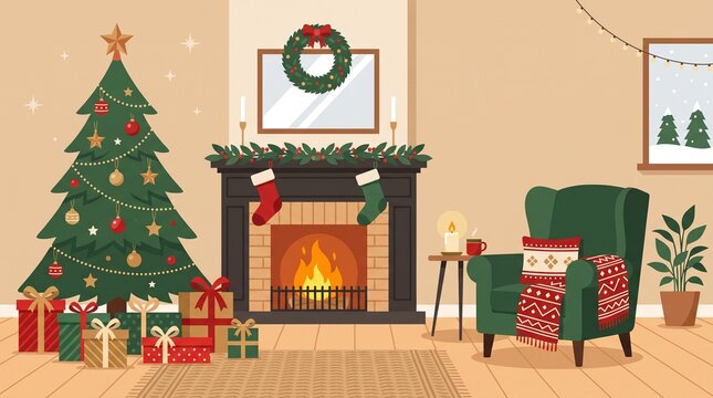 Cozy Christmas living room with fireplace, decorated tree, and snowy window view