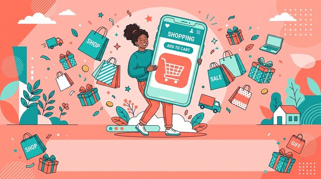Woman Shopping Online with Smartphone and Floating E-commerce Elements