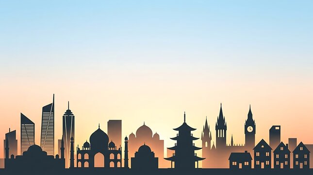 Famous world landmarks silhouettes representing international travel and global tourism against a vibrant sunset sky for World Tourism Day celebration vector illustration