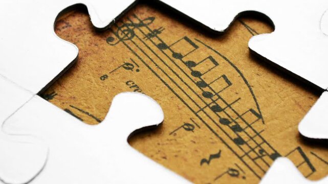 Vintage Music Sheet Puzzle Piece Close-Up Symbolizing Creativity and Problem Solving