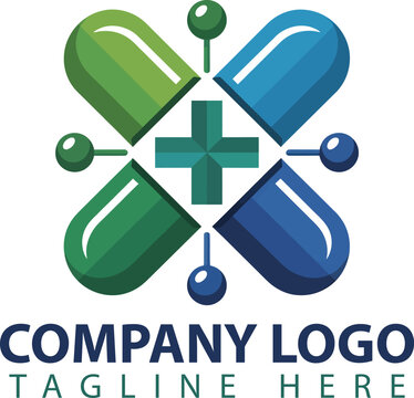 Medical company logo with green and blue pills and cross symbol on white background for healthcare branding