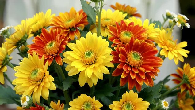 Vibrant cinematic 4K floral arrangement b roll showcasing a lush festive bouquet of golden yellow and deep crimson chrysanthemum flowers highlighting velvety petal patterns and rich seasonal colors