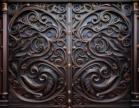intricate wrought iron gate texture background featuring ornate scrolls and geometric patterns in dark elegant metal ideal for adding a touch of sophistication to architectural renderings