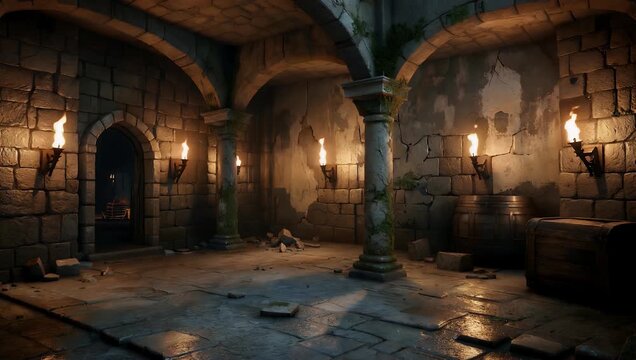 Immersive 3D rendered 4K animation exploring an eerie abandoned medieval castle dungeon featuring flickering fire torches mounted on cold stone walls to cast dancing shadows across empty chilling
