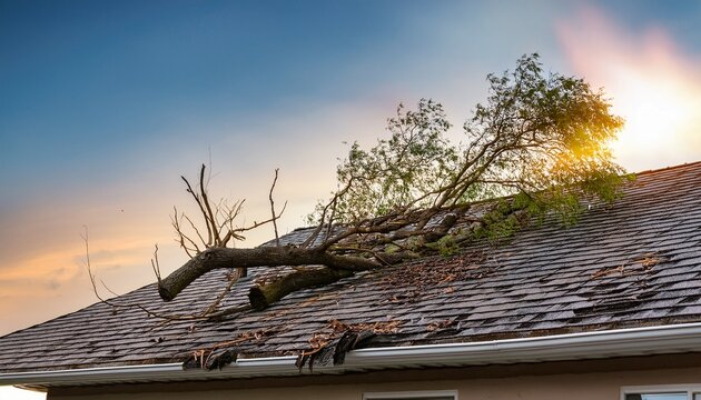 fallen tree branch on a house roof after a storm causing damage and creating a hazardous situation with debris scattered around