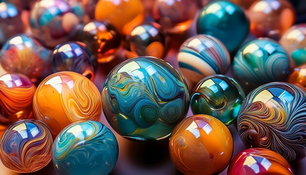 colorful marbles close up with glass texture and intricate patterns