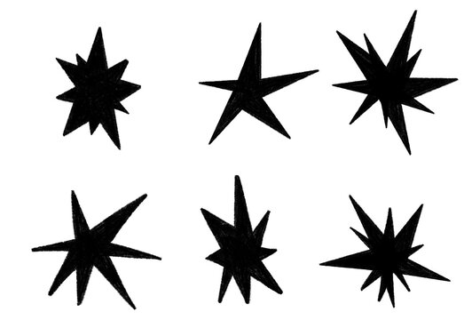 Collection of black hand drawn starbursts and jagged stars