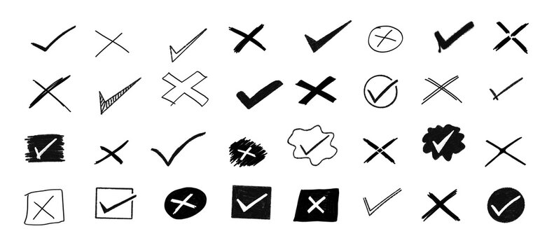 Set of hand drawn black check marks and crosses indicating yes and no options