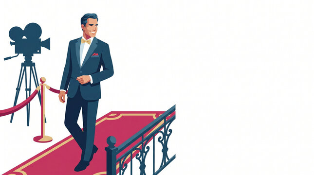 Male actor in tuxedo walking the red carpet at film festival  