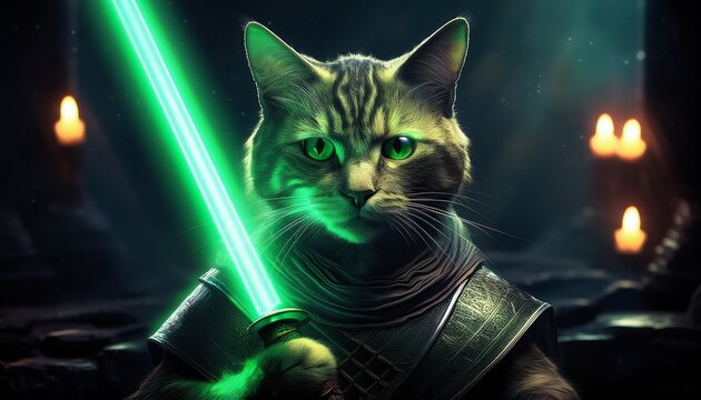 cat dressed as jedi warrior holding green lightsaber in dramatic dark sci fi scene