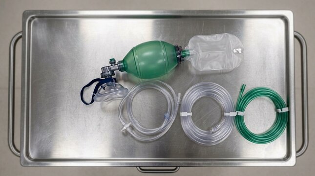 Emergency Airway Cart Top Surface Holding a Bag-valve Mask and Spare Tubing Coils