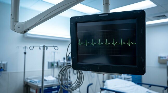 Cardiac Monitor Screen Displaying a Standby Sinus Rhythm Waveform Mounted above a Resuscitation Bay