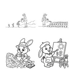 Fototapeta premium cartoon rabbits and kids engaging in creative and gardening activities