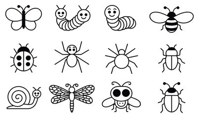Insect Icons Collection. A delightful set of hand-drawn insect illustrations, featuring a butterfly, caterpillar, bee, ladybug, spider, snail, and dragonfly. © Joba Vector Studio