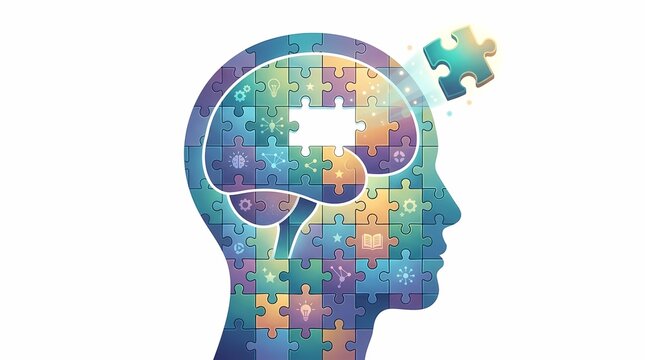Person thinking concept with human head profile silhouette made of colorful puzzle pieces and missing jigsaw brain section for mental health psychology problem solving and autism awareness vector