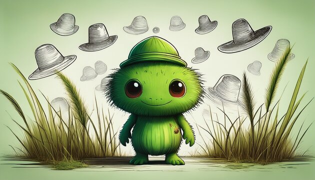 a small green creature standing in front of long grass with hat sketches in the background