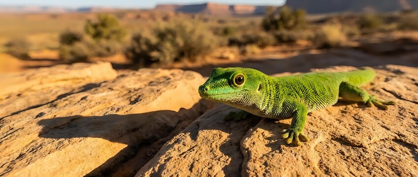 Bright green lizard resting on sun-baked rock in arid desert landscape with sparse vegetation and sandy terrain in background. Wildlife photography.
