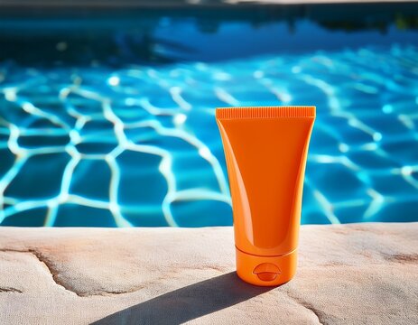 realistic sunscreen tube stands on stone surface beside shimmering blue pool reflecting sunlight scene evokes sense of relaxation and summer vibes